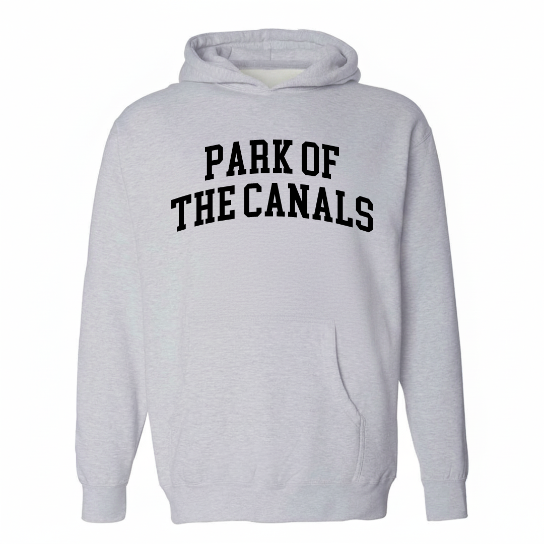 Heather-gray hoodie with the Park of the Canals varsity arched lettering design on the chest.