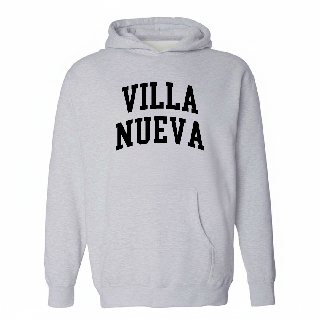 Heather-gray hoodie with the Villa Nueva arched lettering varsity-collegiate design on the chest.