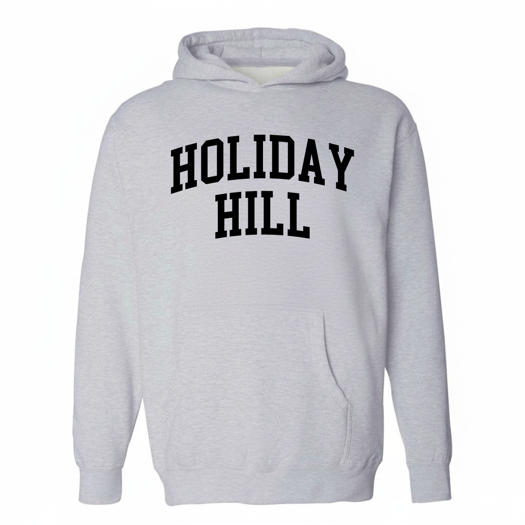 Heather-gray hoodie with the Holiday Hill arched varsity lettering design on the chest.