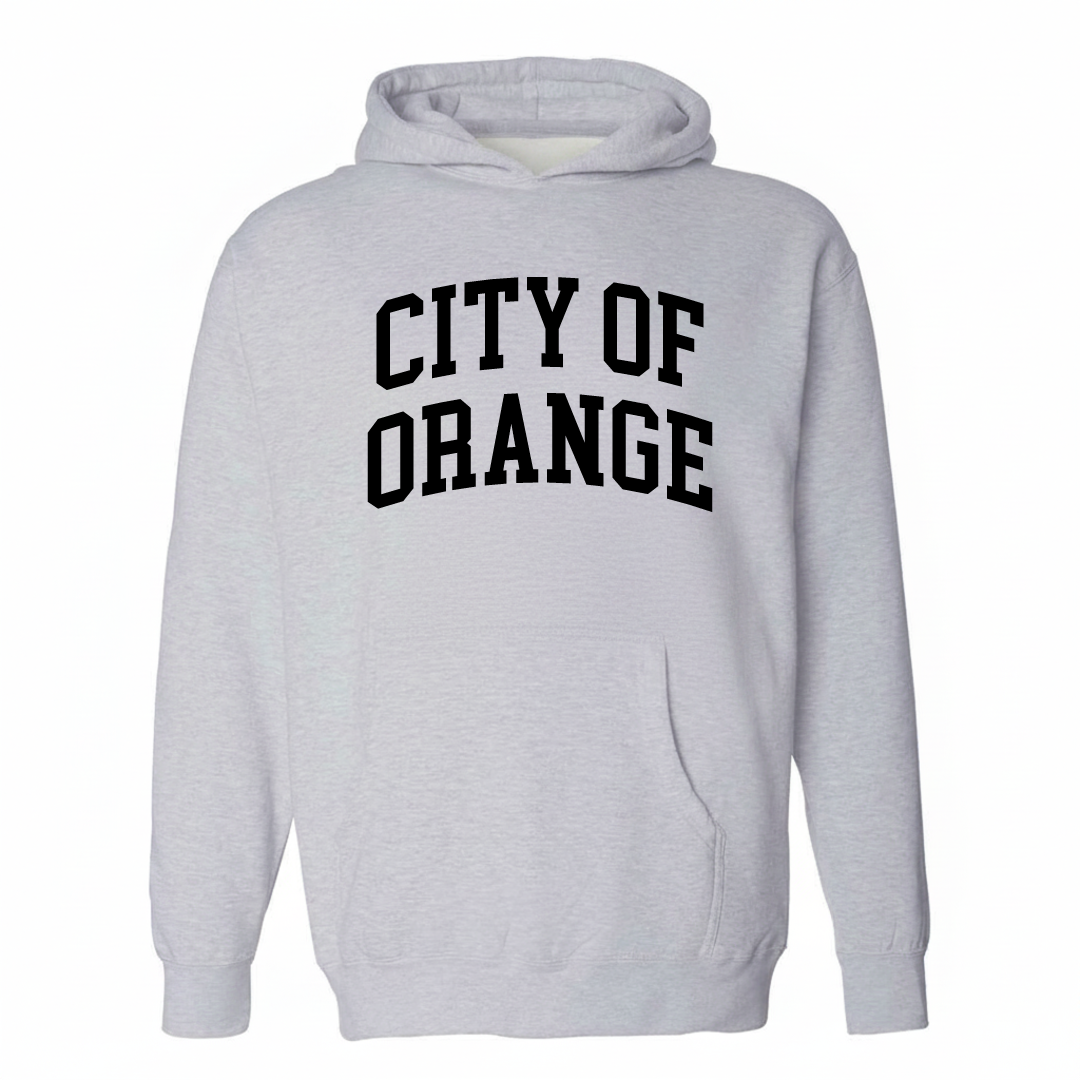 Heather-gray hoodie with the City of Orange varsity arched lettering design on the chest.