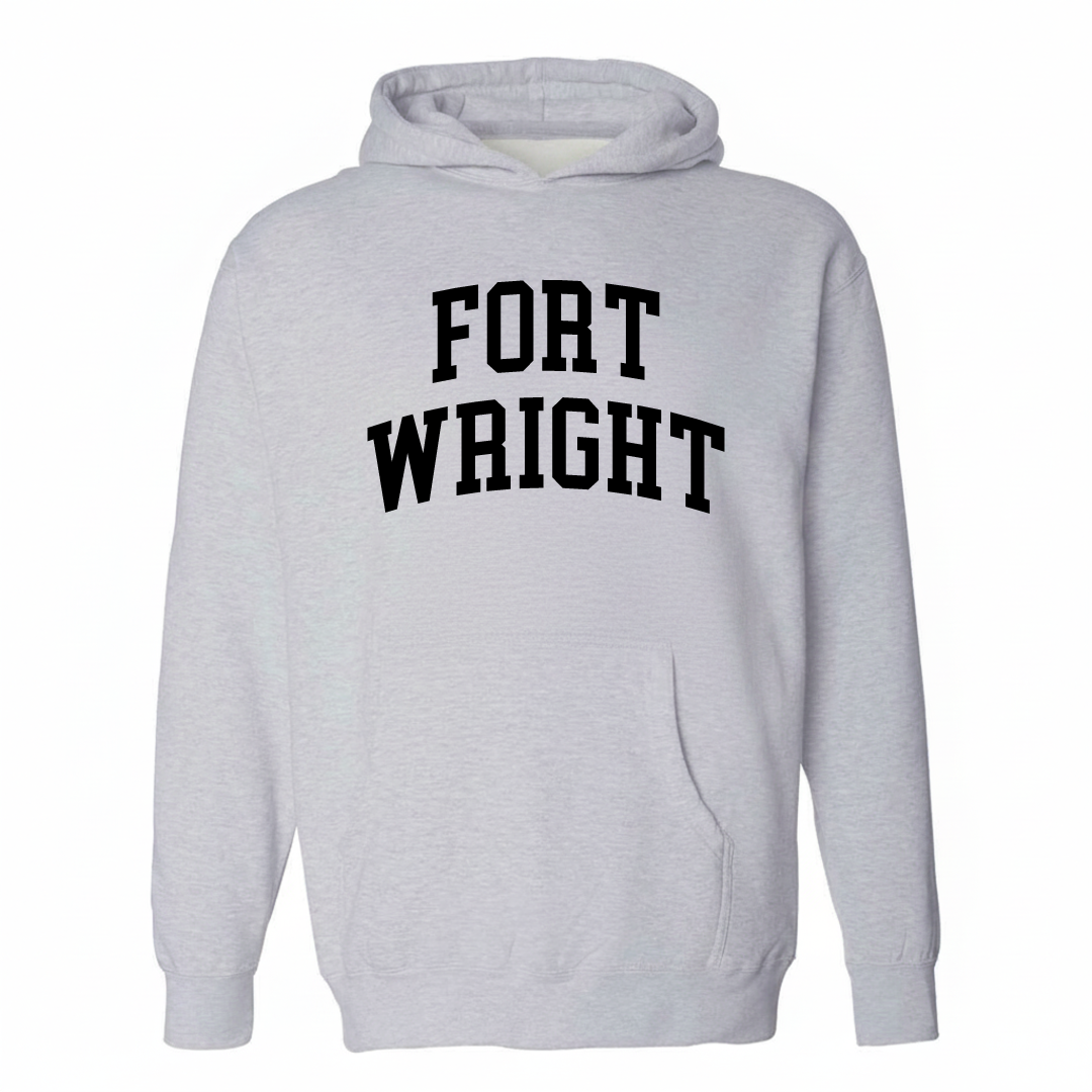 Heather-gray hoodie with the Fort Wright arched lettering varsity-collegiate design on the chest.