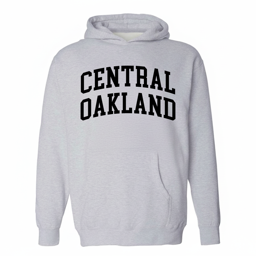 Heather-gray hoodie with the Central Oakland arched lettering design on the chest.