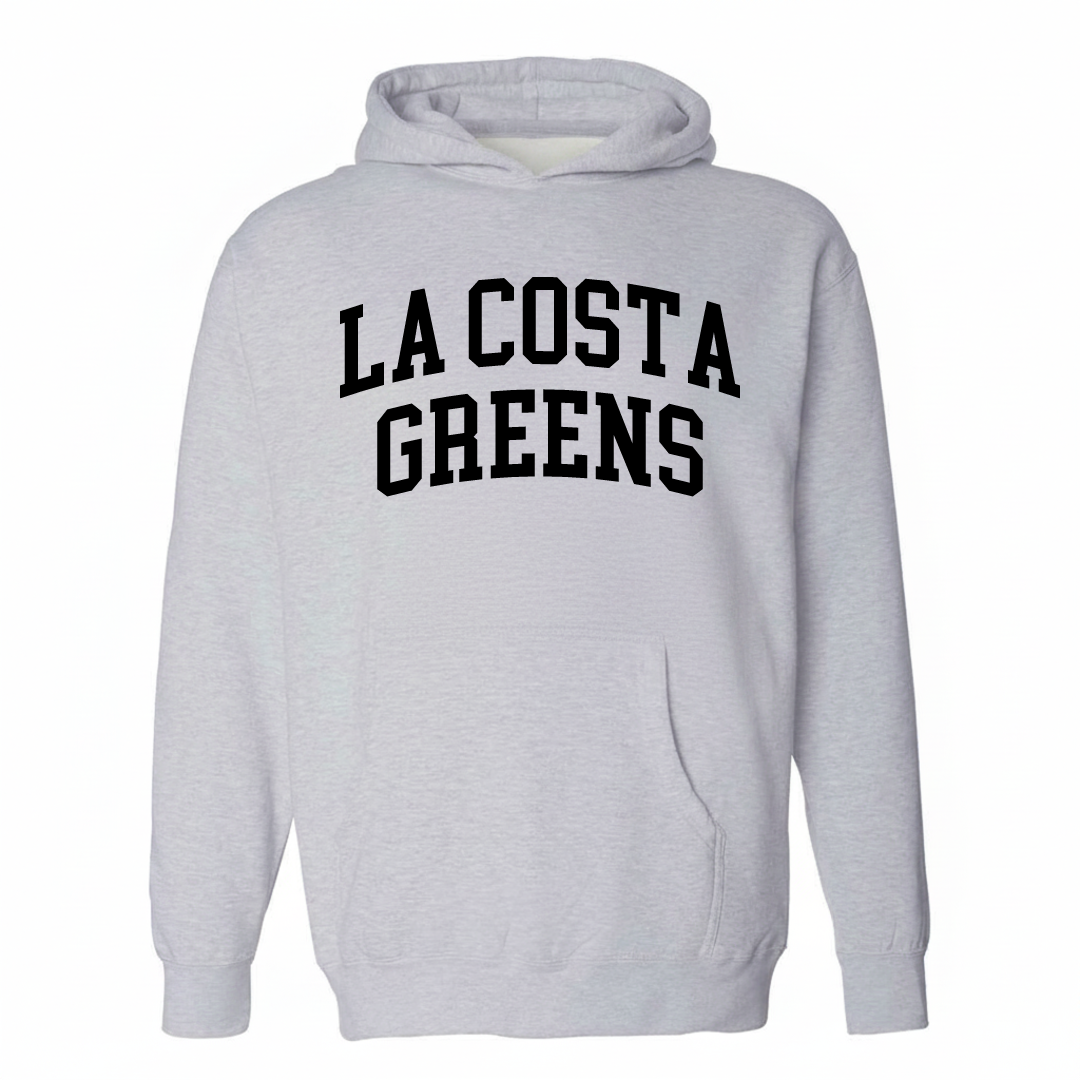 Heather-gray hoodie with the La Costa Greens varsity arched lettering design on the chest.