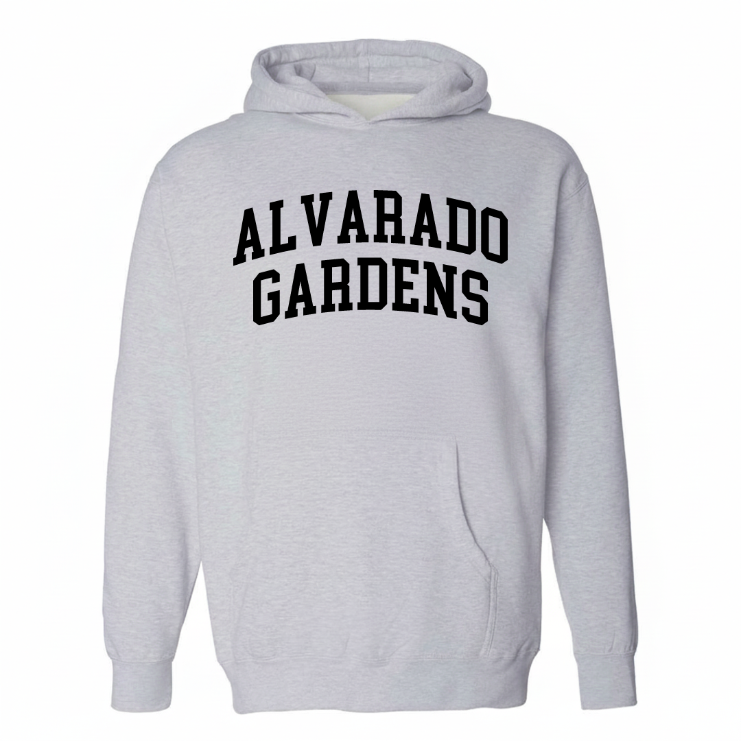 Heather-gray hoodie with the Alvarado Gardens arched lettering design on the chest.