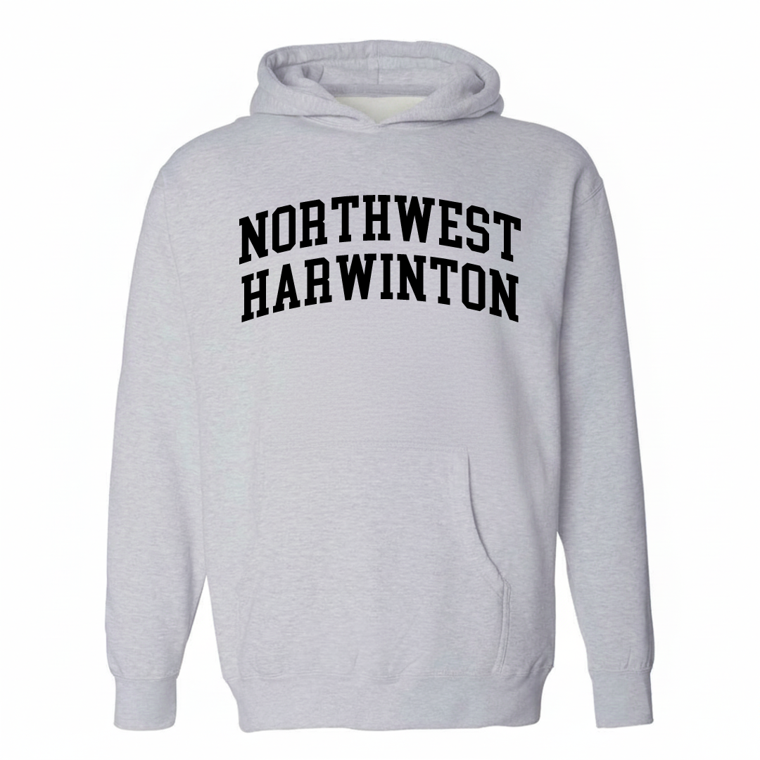 Heather-gray hoodie with the Northwest Harwinton varsity arched lettering design on the chest.
