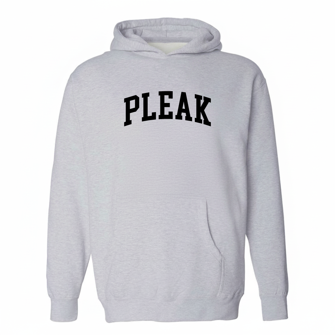 Heather-gray hoodie with the Pleak arched varsity lettering design on the chest.