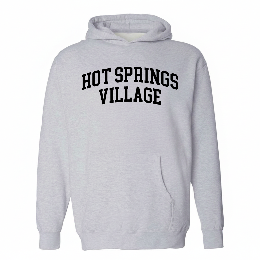 Heather-gray hoodie with the Hot Springs Village varsity arched lettering design on the chest.