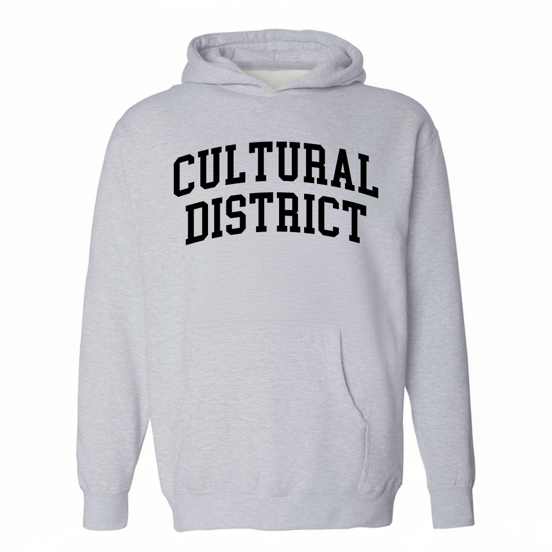 Heather-gray hoodie with the Cultural District varsity arched lettering design on the chest.