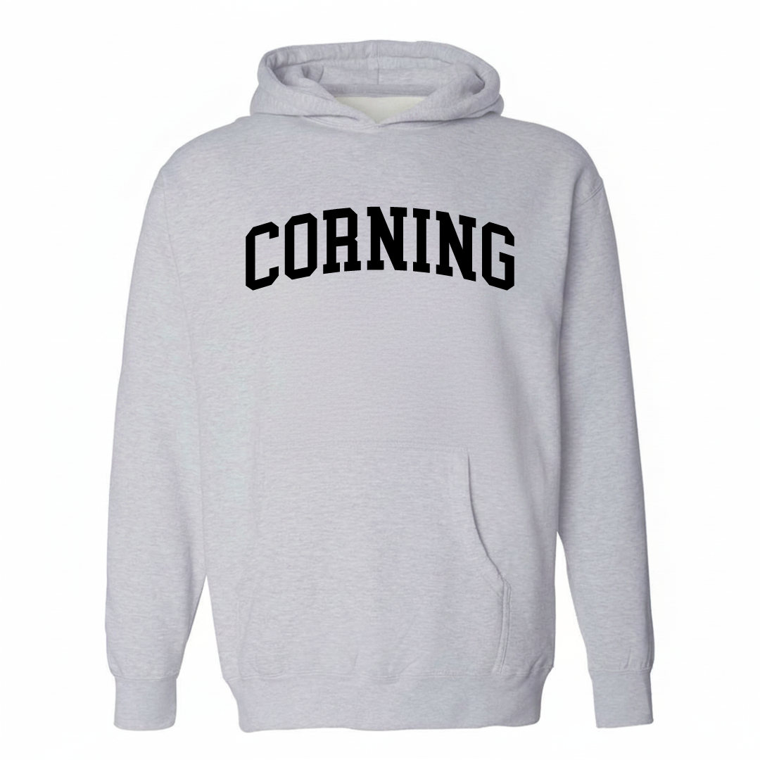 Heather-gray hoodie with the Corning varsity arched lettering design on the chest.