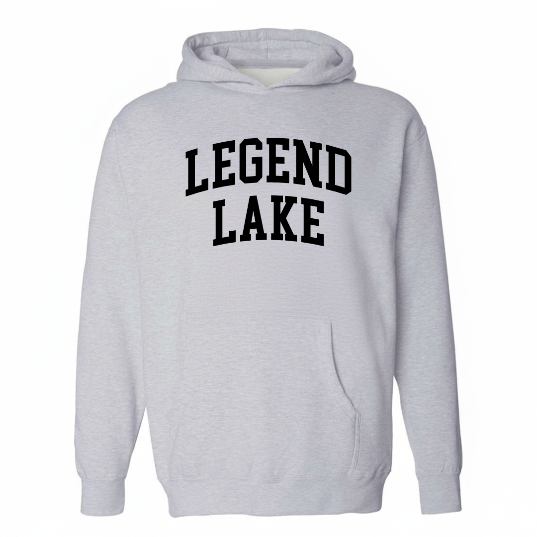 Heather-gray hoodie with the Legend Lake arched lettering and collegiate design on the chest.