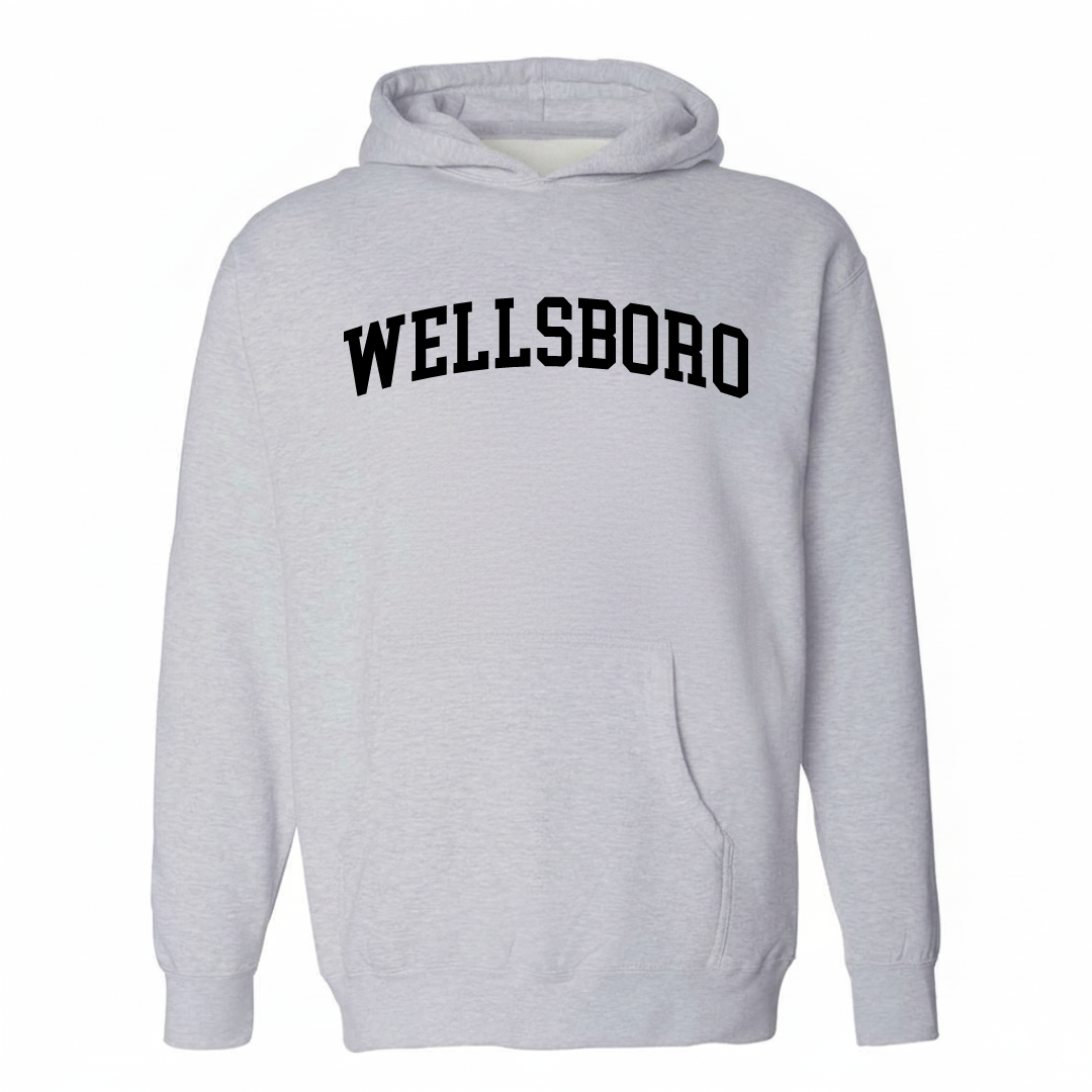 Heather-gray hoodie with the Wellsboro varsity arched lettering design on the chest.