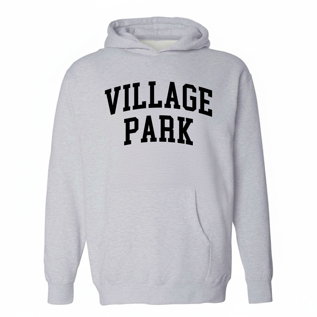 Heather-gray hoodie with the Village Park varsity arched lettering design on the chest.