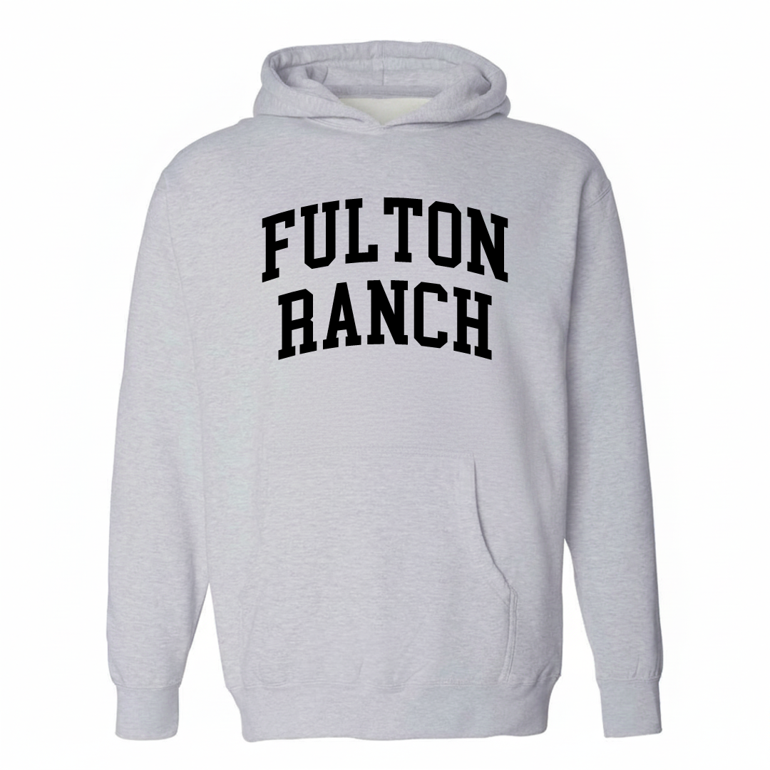 Heather-gray hoodie with the Fulton Ranch varsity arched lettering design on the chest.