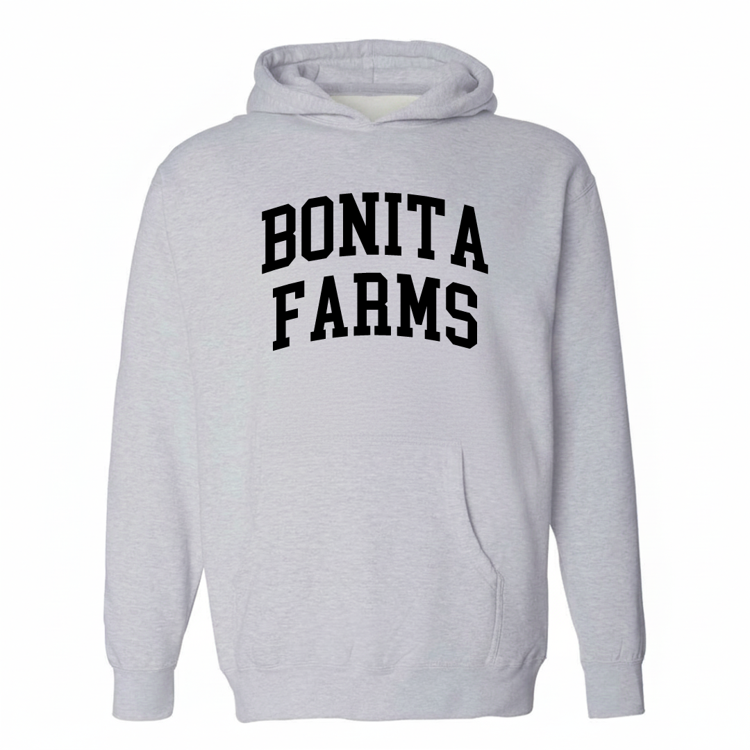 Heather-gray hoodie with the Bonita Farms varsity arched lettering design on the chest.