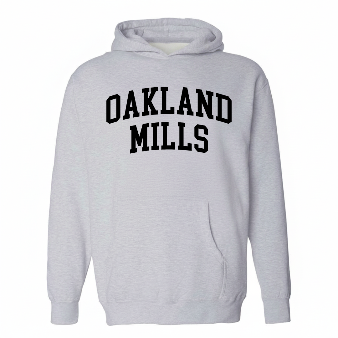 Heather-gray hoodie with the Oakland Mills arched lettering design on the chest.