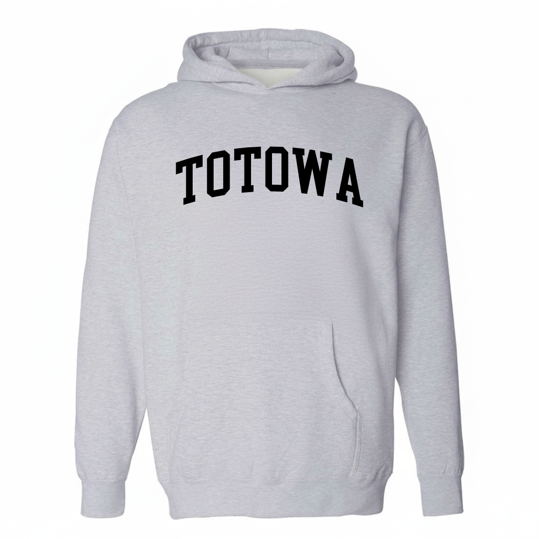 Heather-gray hoodie with the Totowa varsity arched lettering design on the chest.