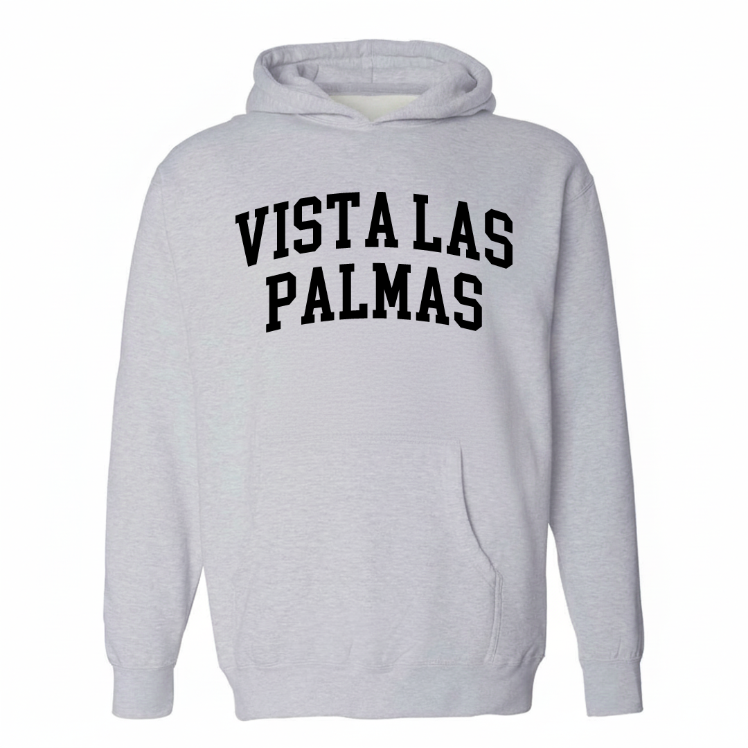 Heather-gray hoodie with the Vista Las Palmas varsity arched lettering design on the chest.