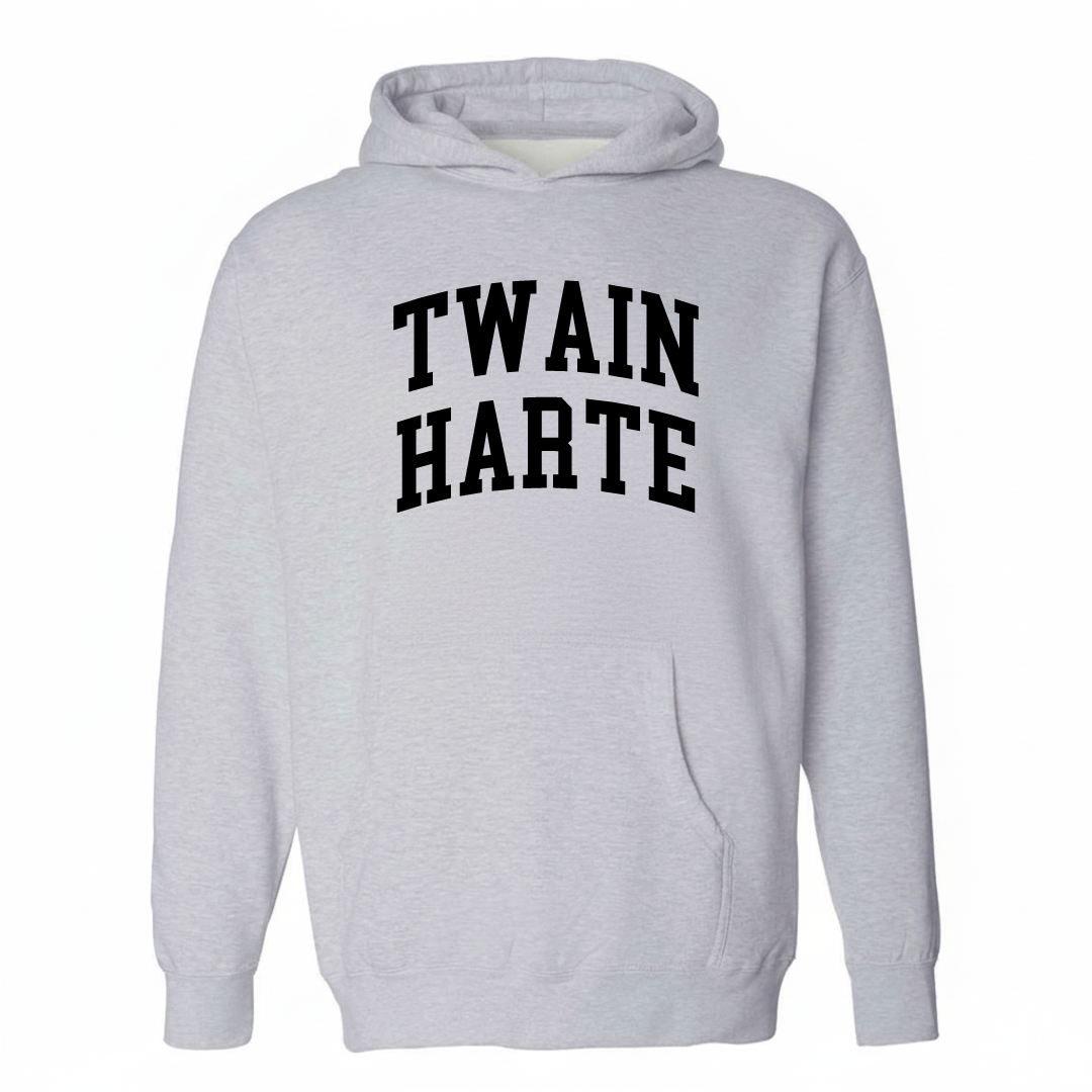 Heather-gray hoodie with the Twain Harte varsity arched lettering design on the chest.