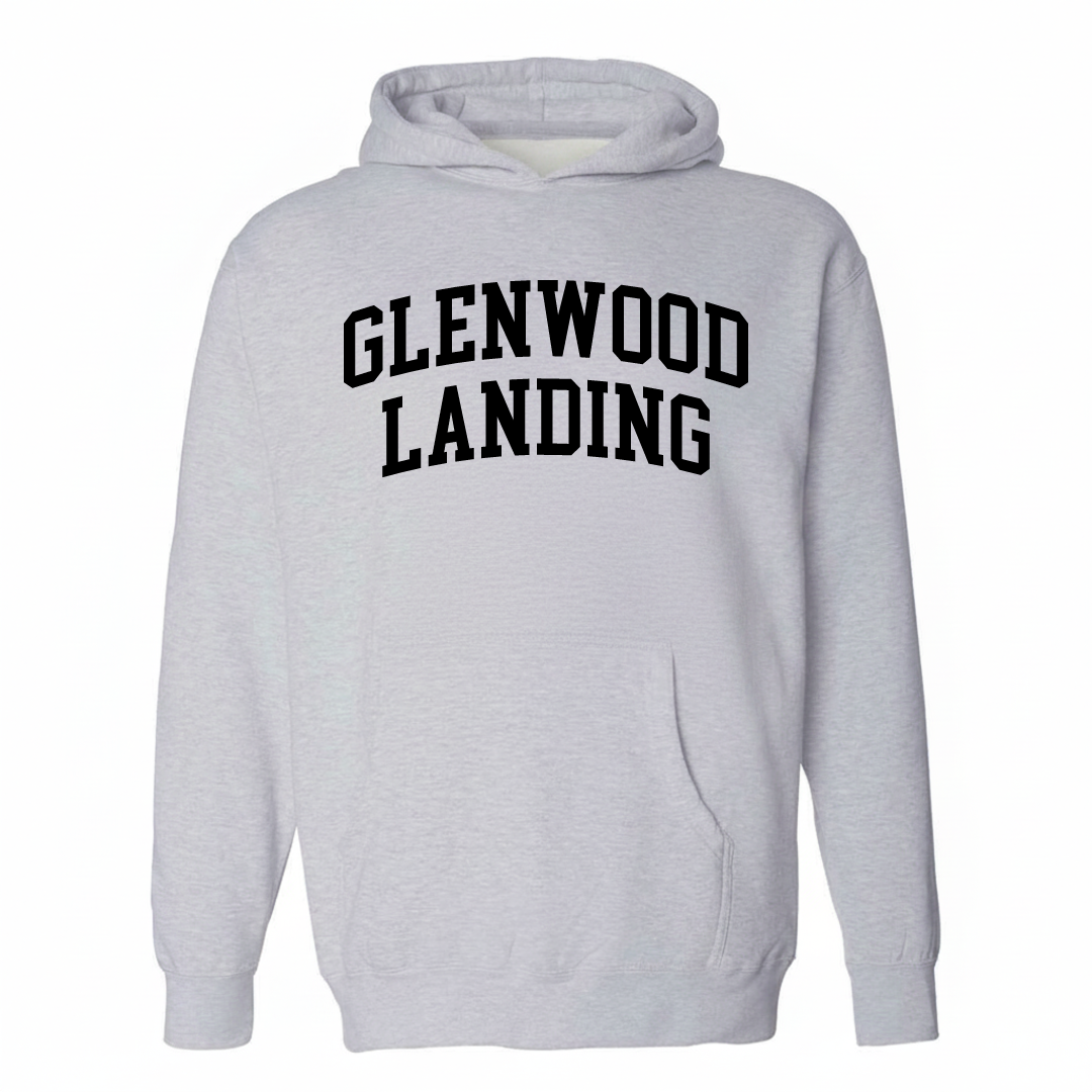 Heather-gray hoodie with the Glenwood Landing varsity arched lettering design on the chest.