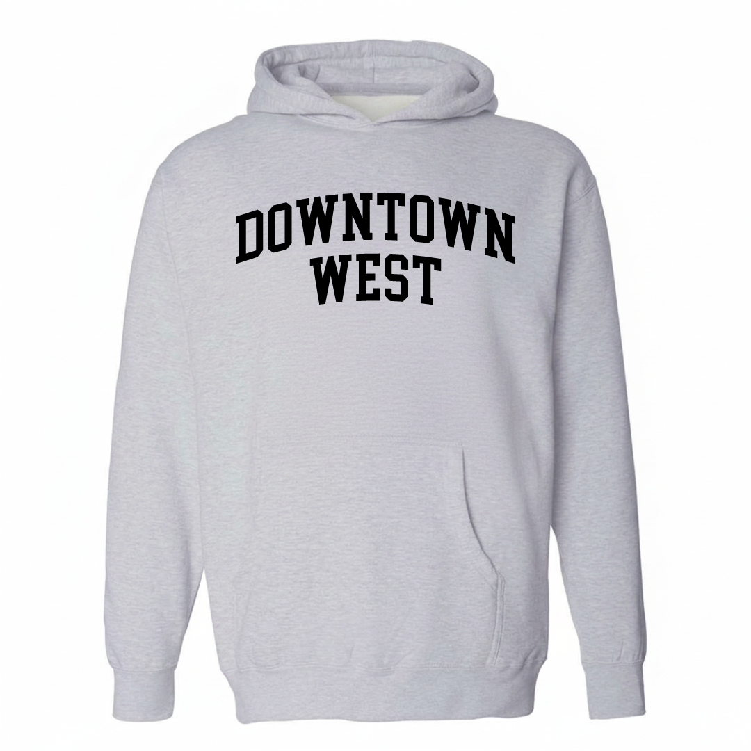 Heather-gray hoodie with the Downtown West St. Louis arched varsity lettering design on the chest.
