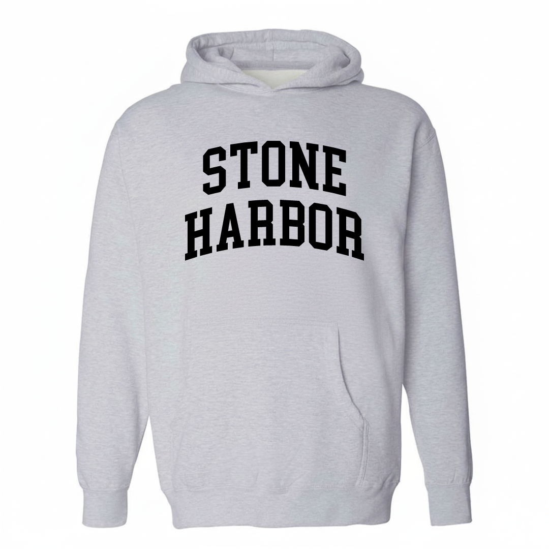 Heather-gray hoodie with the Stone Harbor varsity arched lettering design on the chest.