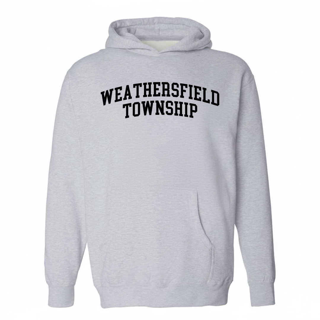 Heather-gray hoodie with the Weathersfield Township varsity arched lettering design on the chest.