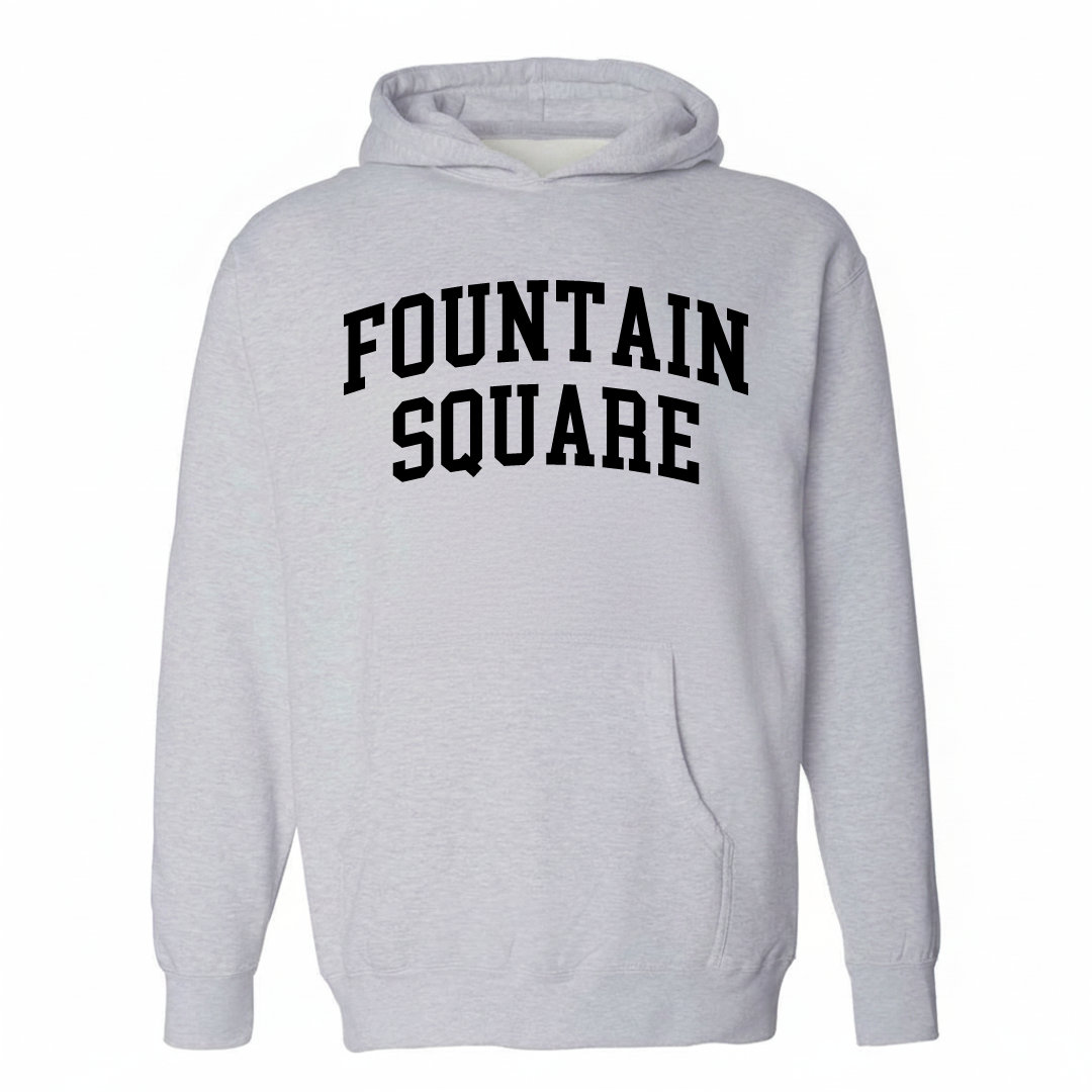 Heather-gray hoodie with the Fountain Square varsity arched lettering design on the chest.