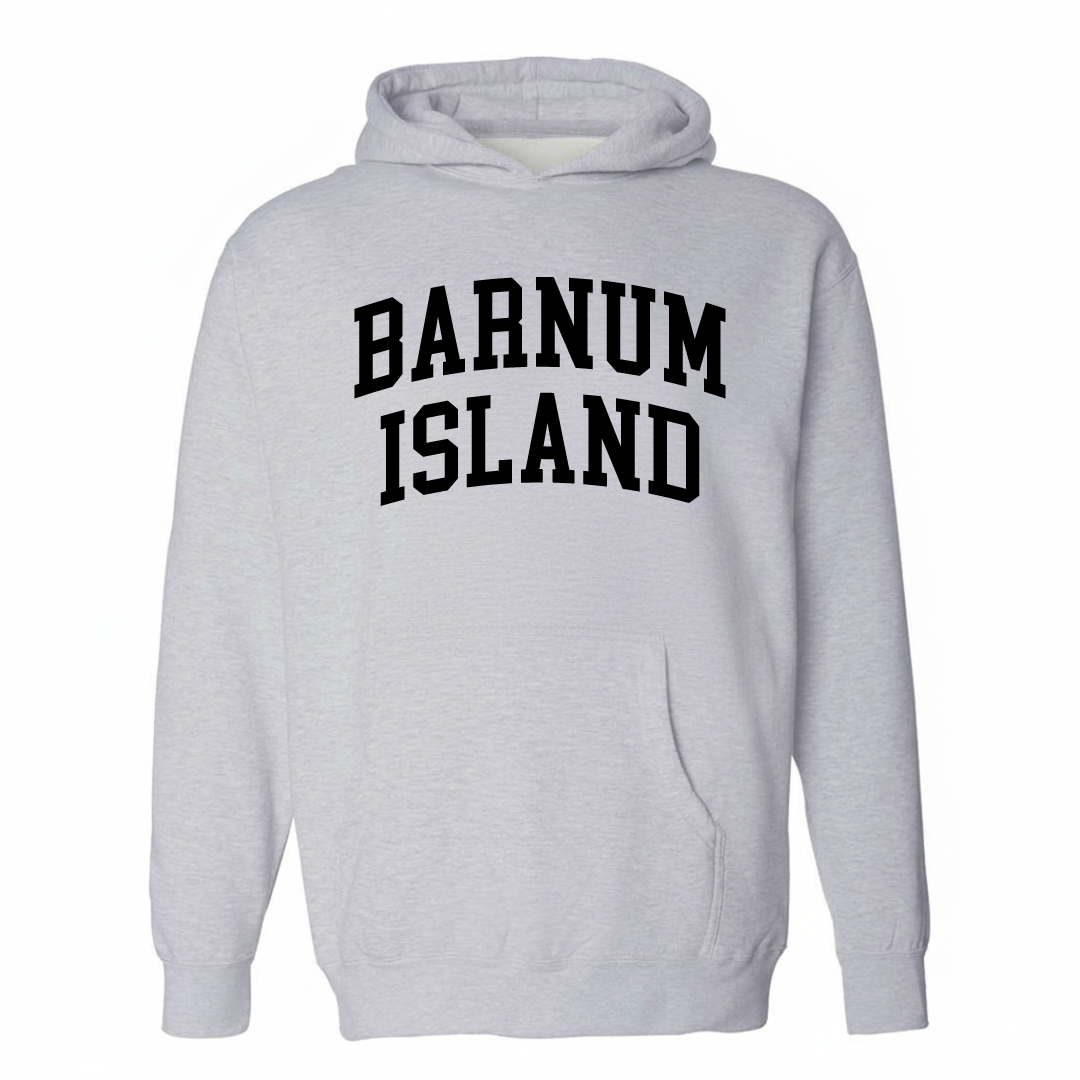 Heather-gray hoodie with the Barnum Island varsity arched lettering design on the chest.