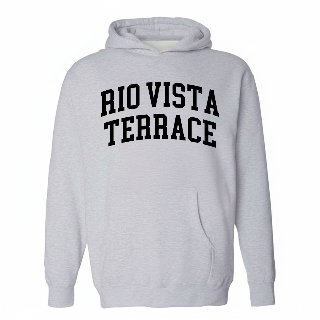 Heather-gray hoodie with the Rio Vista Terrace varsity arched lettering design on the chest.