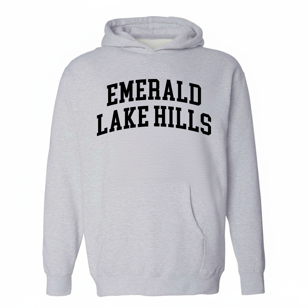 Heather-gray hoodie with the Emerald Lake Hills varsity arched lettering design on the chest.