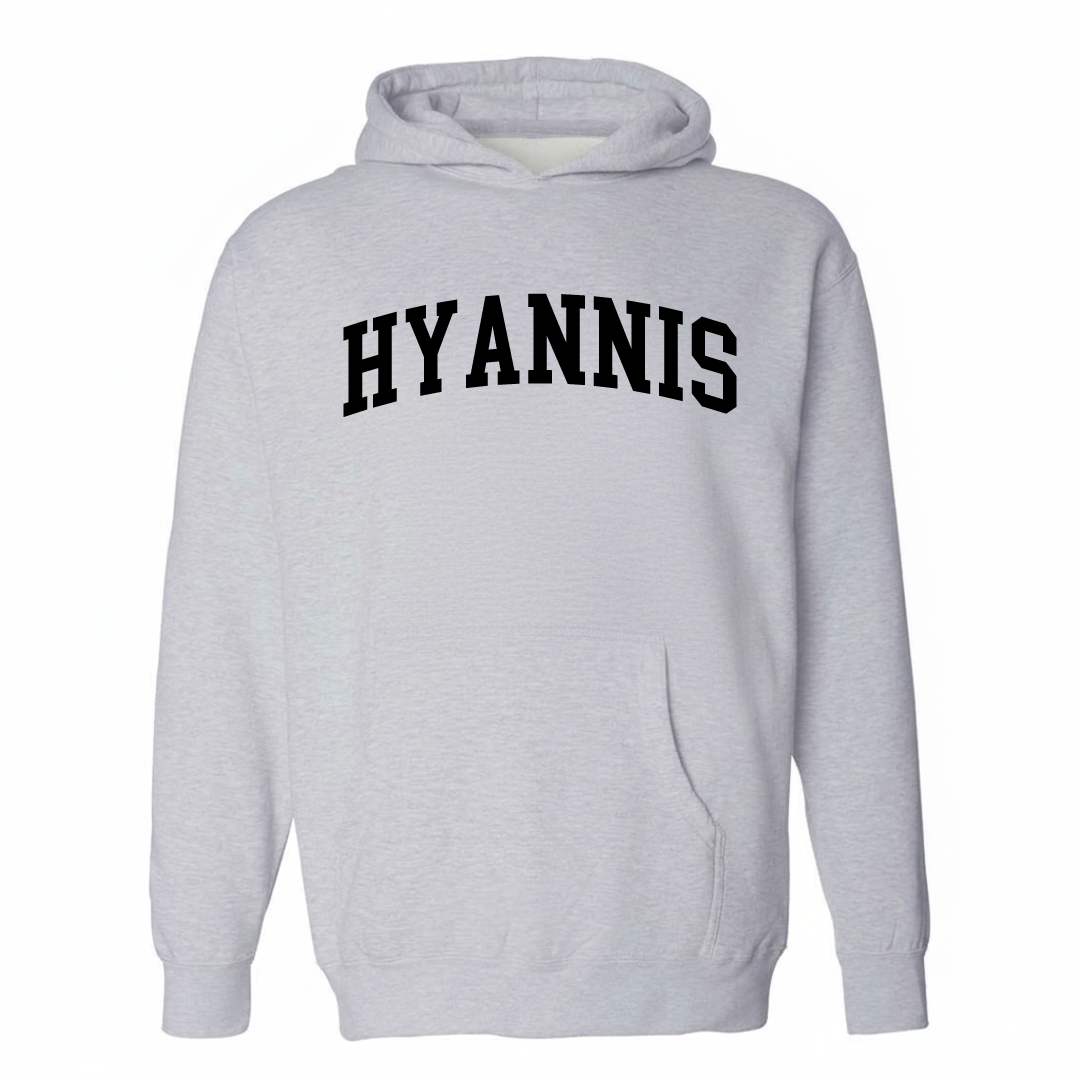 Heather-gray hoodie with the Hyannis varsity arched lettering design on the chest.