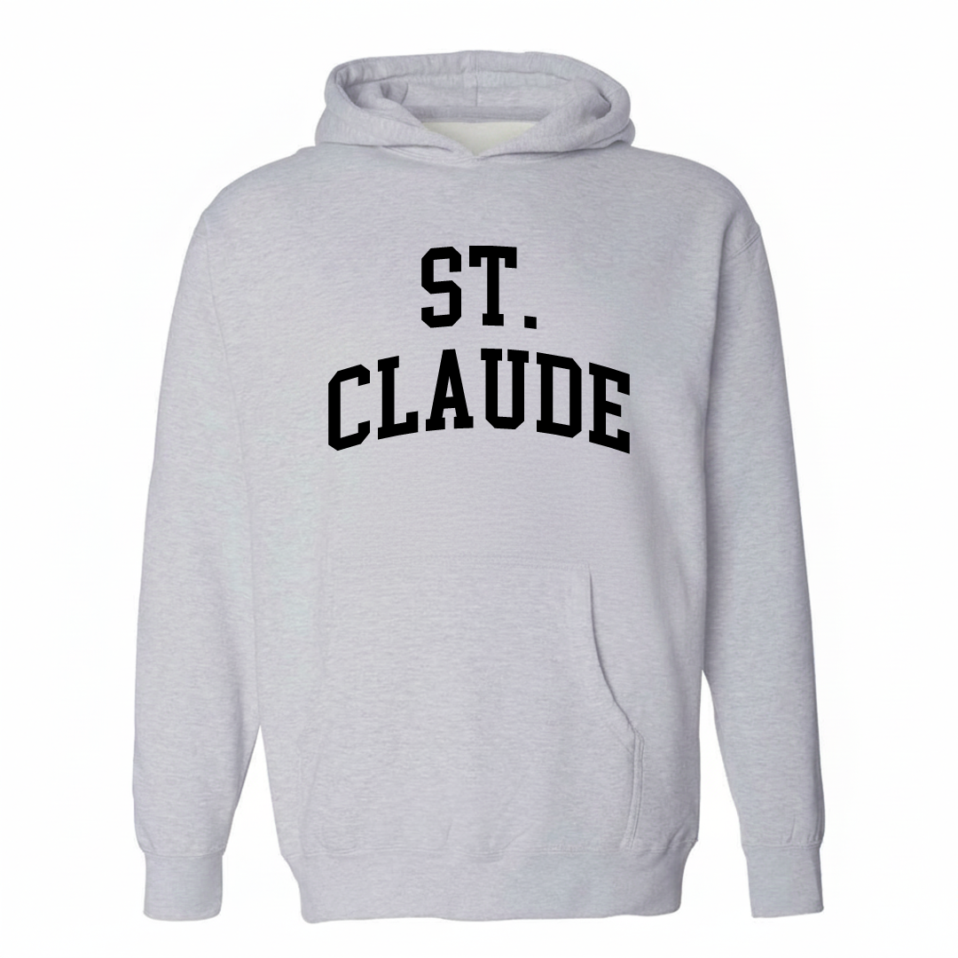 Heather-gray hoodie with the St. Claude arched lettering varsity design on the chest.