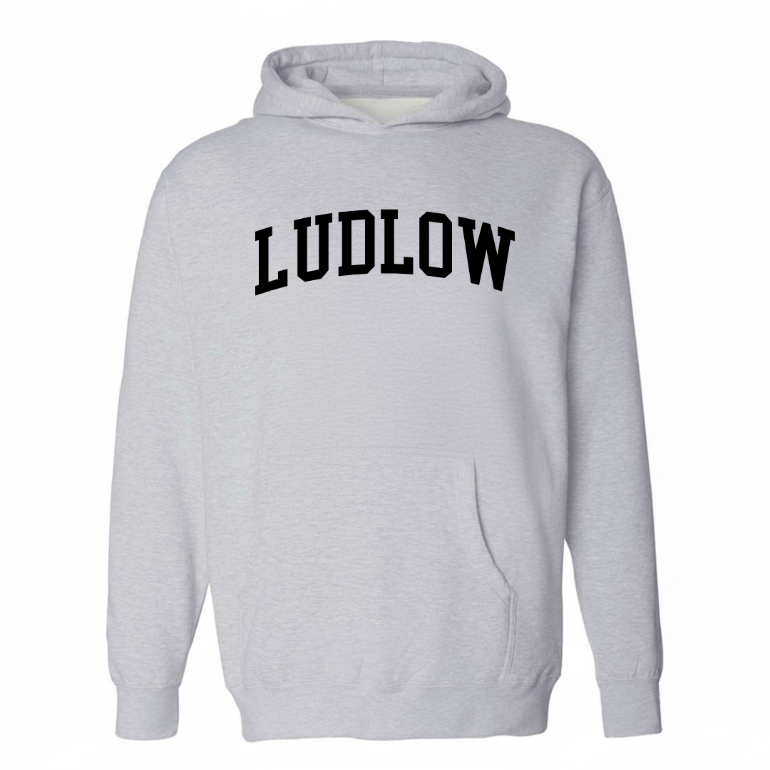 Heather-gray hoodie with the Ludlow varsity arched lettering design on the chest.