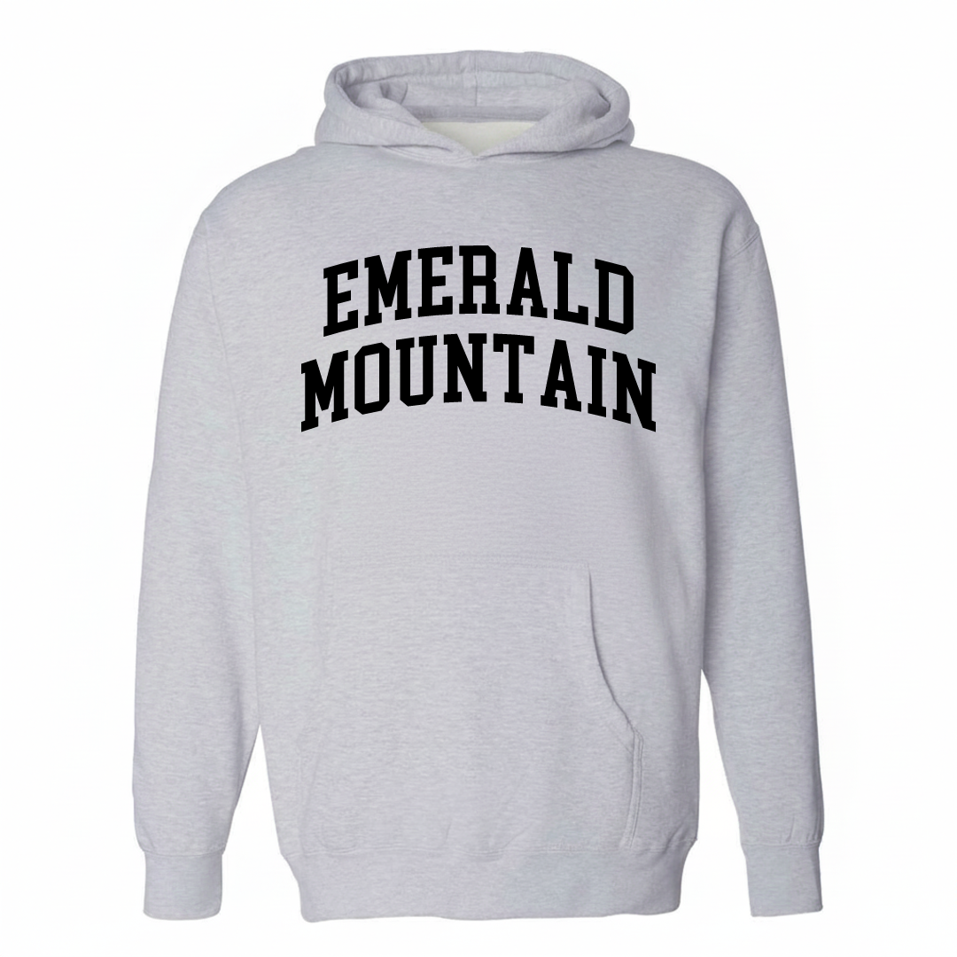 Heather-gray hoodie with the Emerald Mountain arched lettering varsity-collegiate design on the chest.