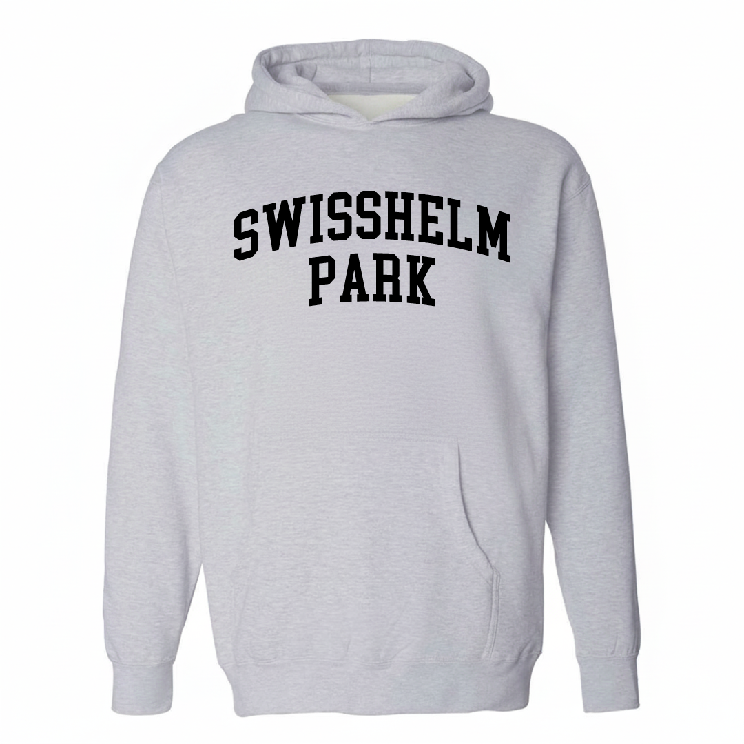 Heather-gray hoodie with the Swisshelm Park varsity arched lettering design on the chest.