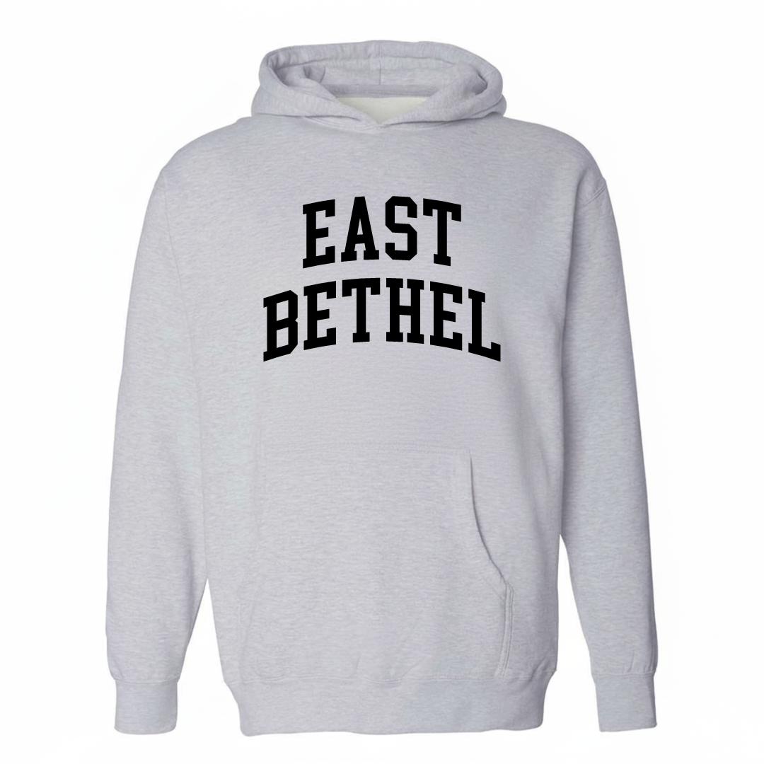 Heather-gray hoodie with the East Bethel varsity arched lettering design on the chest.