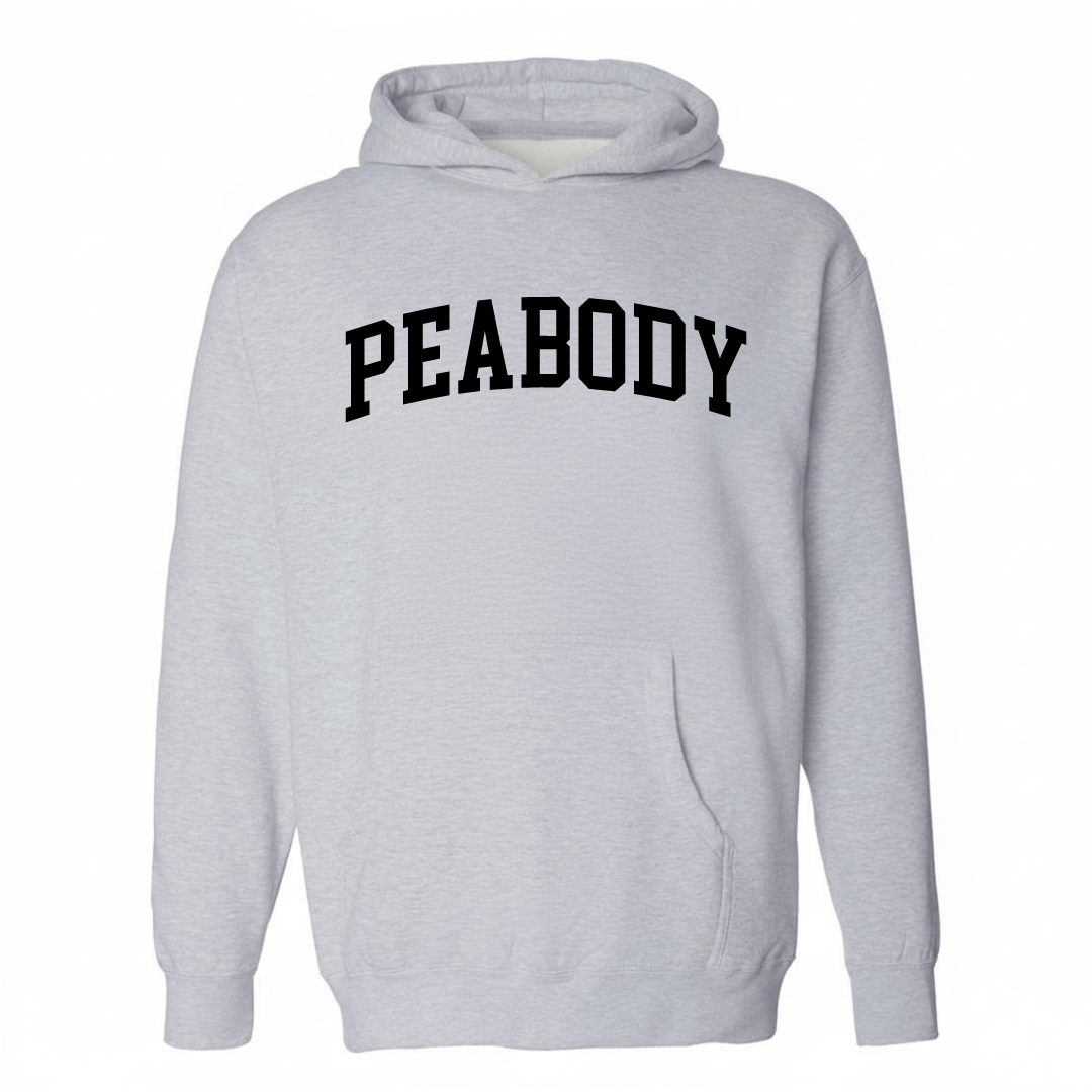 Heather-gray hoodie with the Peabody varsity arched lettering design on the chest.