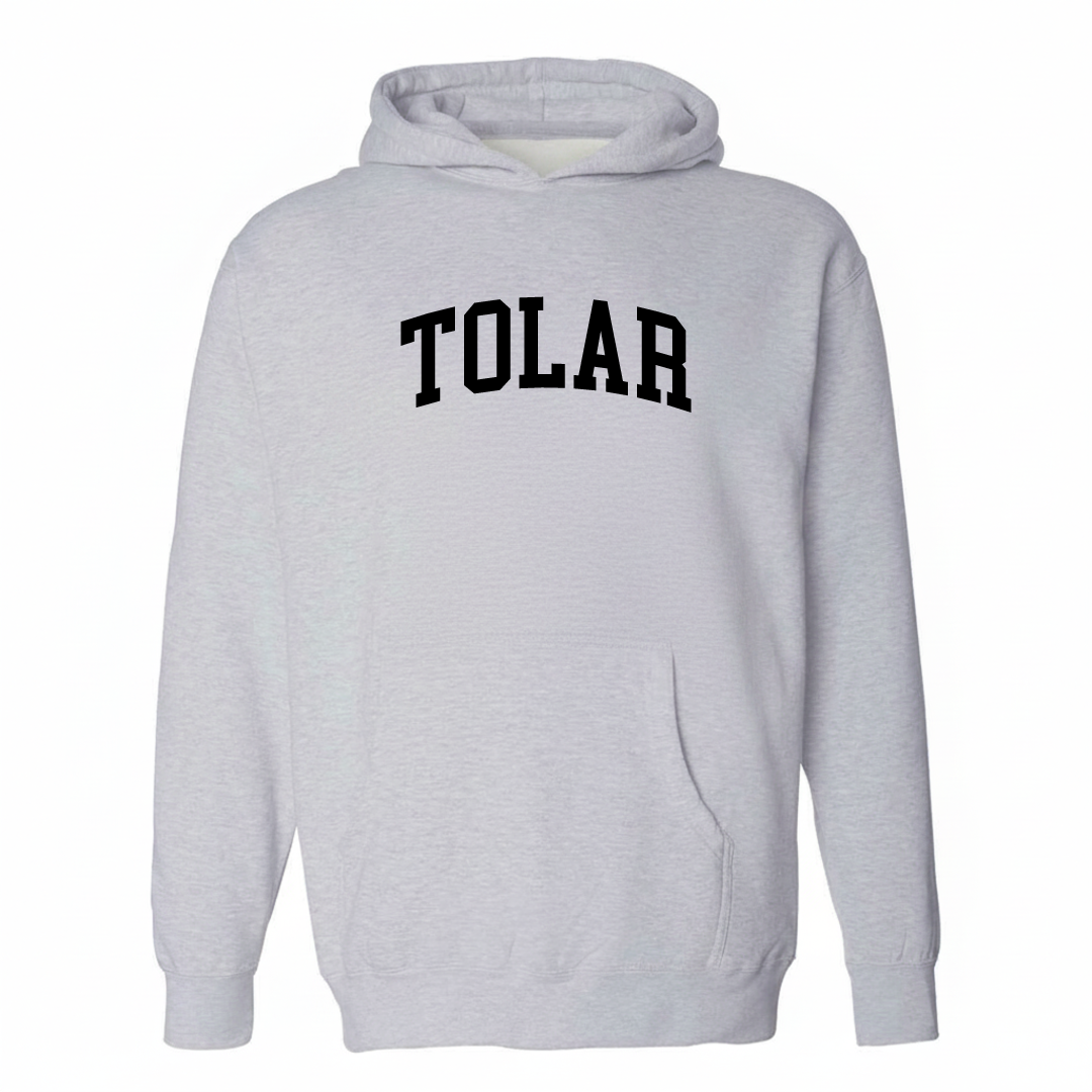 Heather-gray hoodie with the Tolar varsity arched lettering design on the chest.