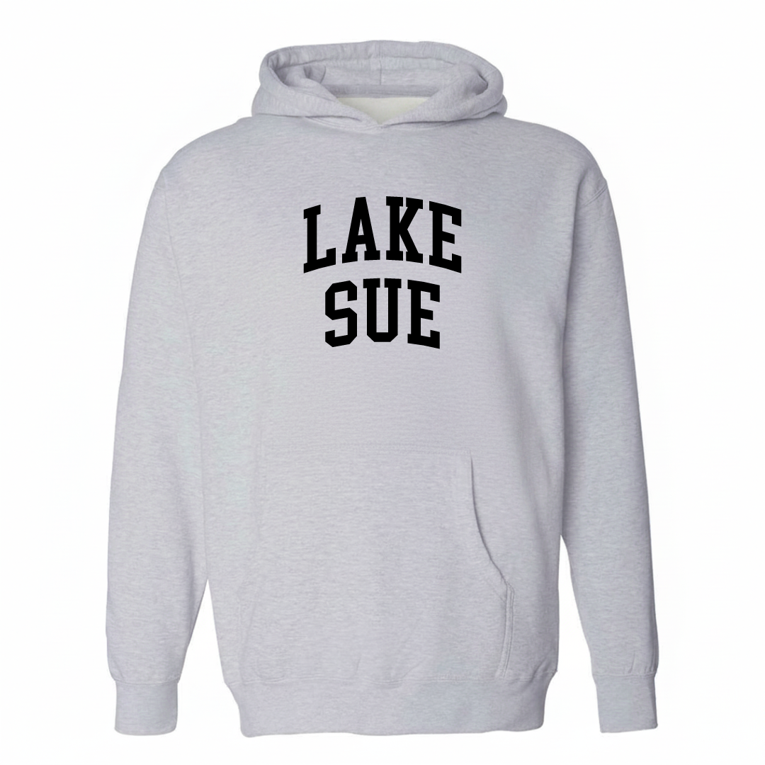 Heather-gray hoodie with the Lake Sue varsity arched lettering design on the chest.