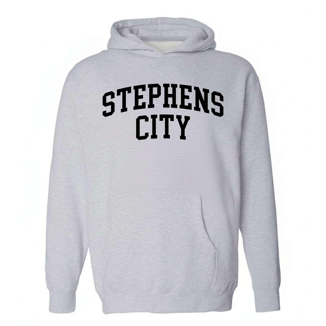 Heather-gray hoodie with the Stephens City varsity arched lettering design on the chest.