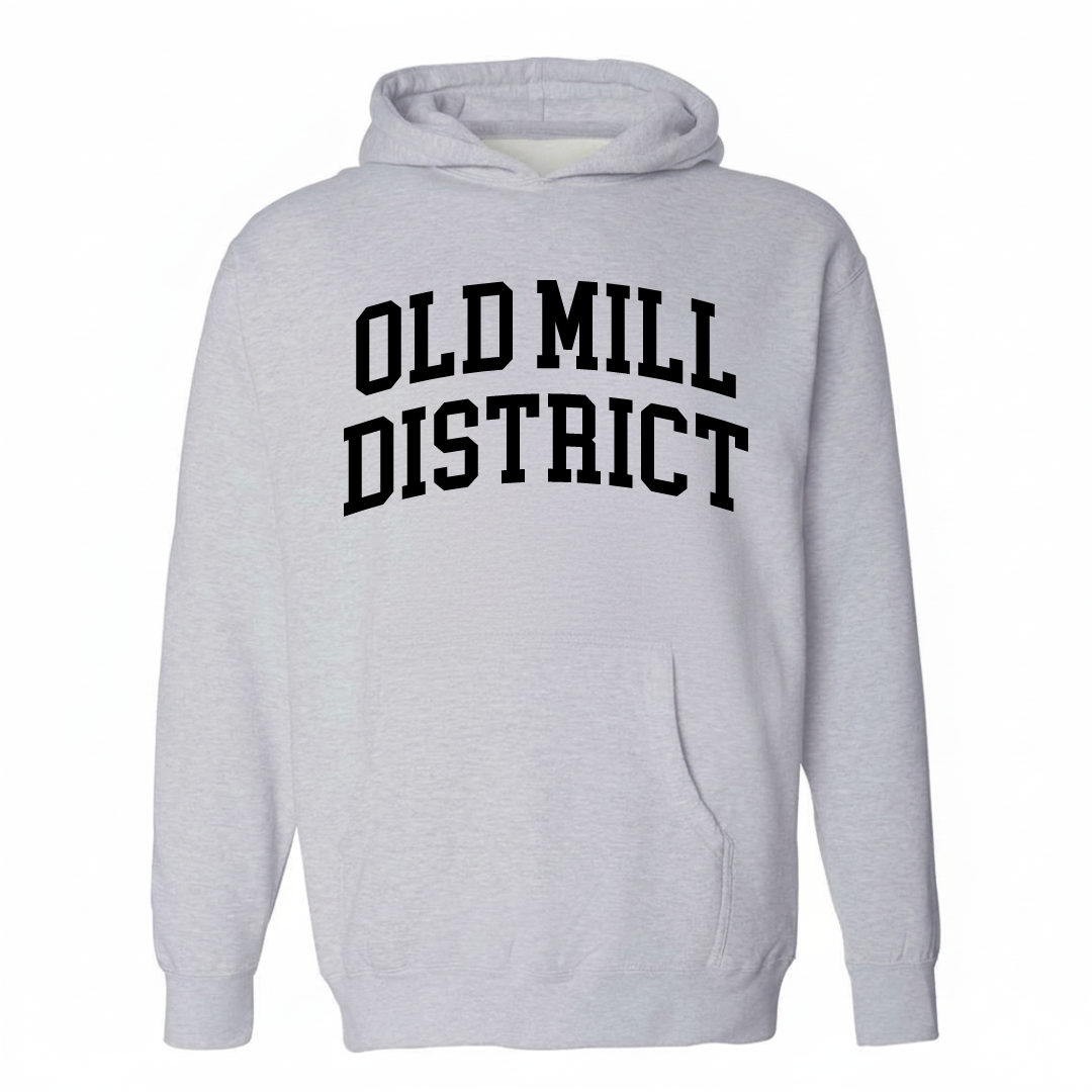 Heather-gray hoodie with the Old Mill District arched lettering varsity-collegiate design on the chest.