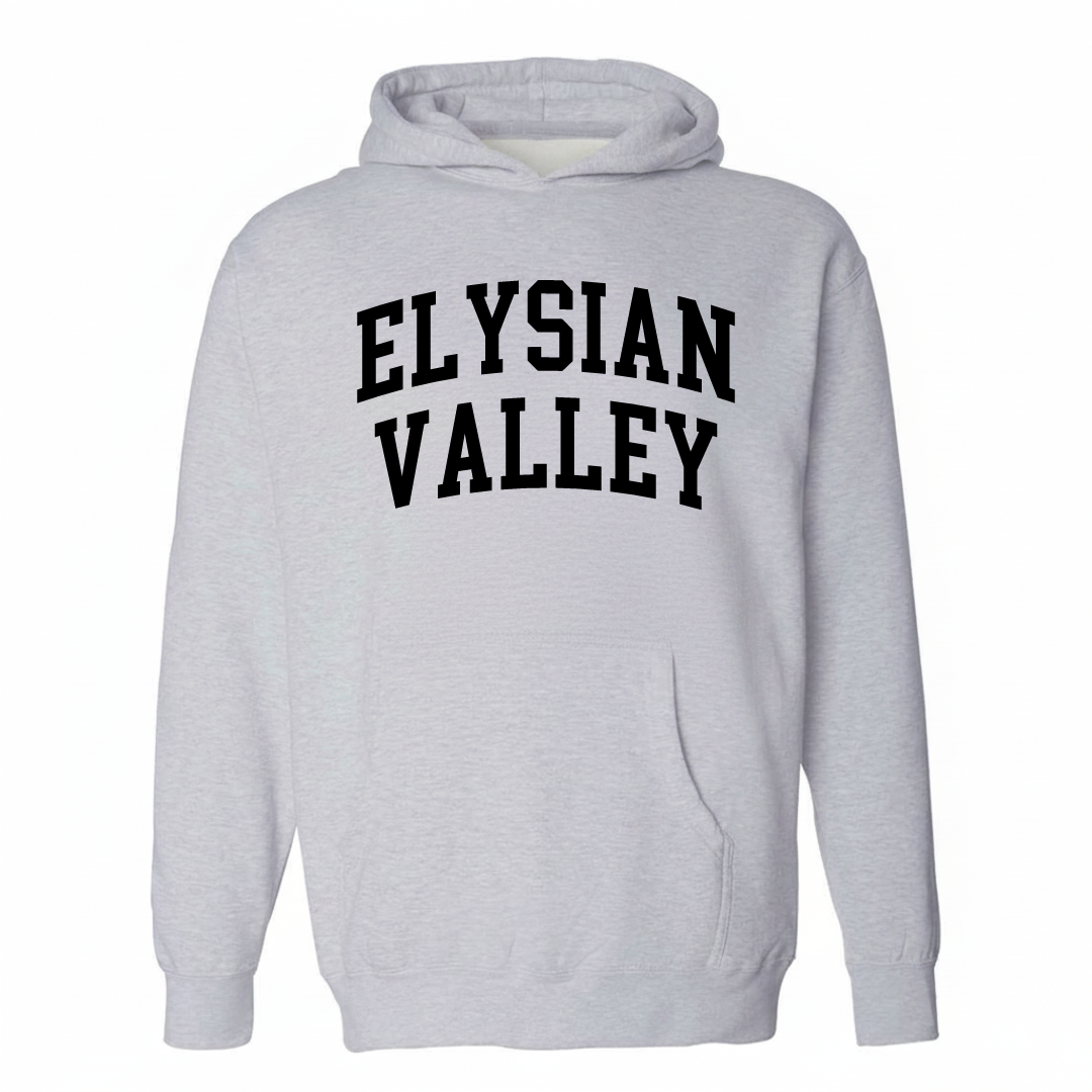 Heather-gray hoodie with the Elysian Valley varsity arched lettering design on the chest.