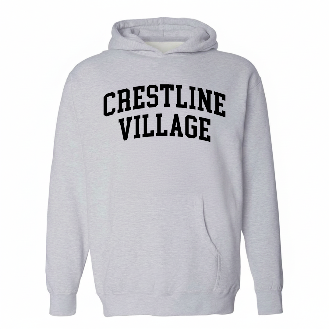 Heather-gray hoodie with the Crestline Village varsity arched lettering design on the chest.