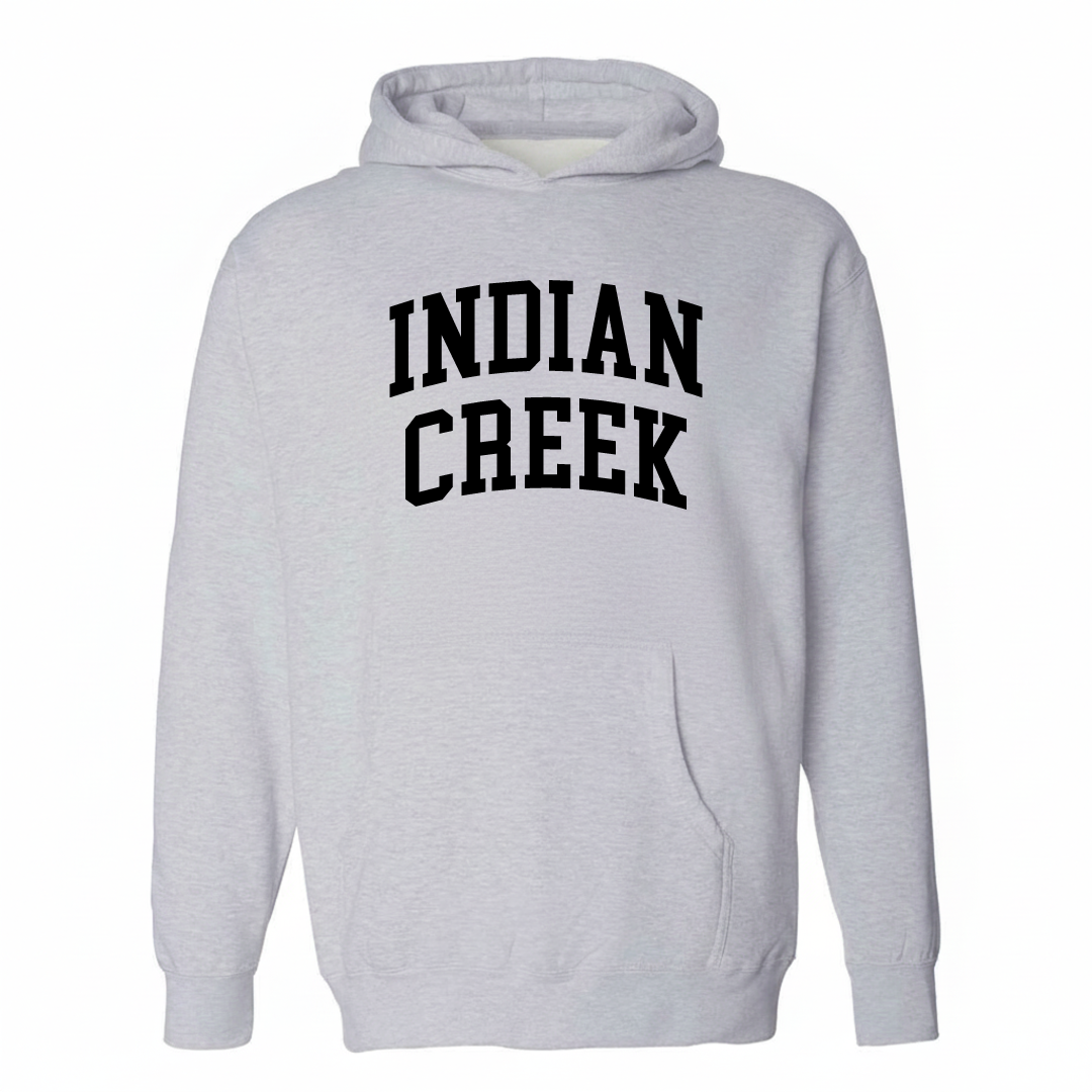 Heather-gray hoodie with the Indian Creek arched lettering varsity-collegiate design on the chest.