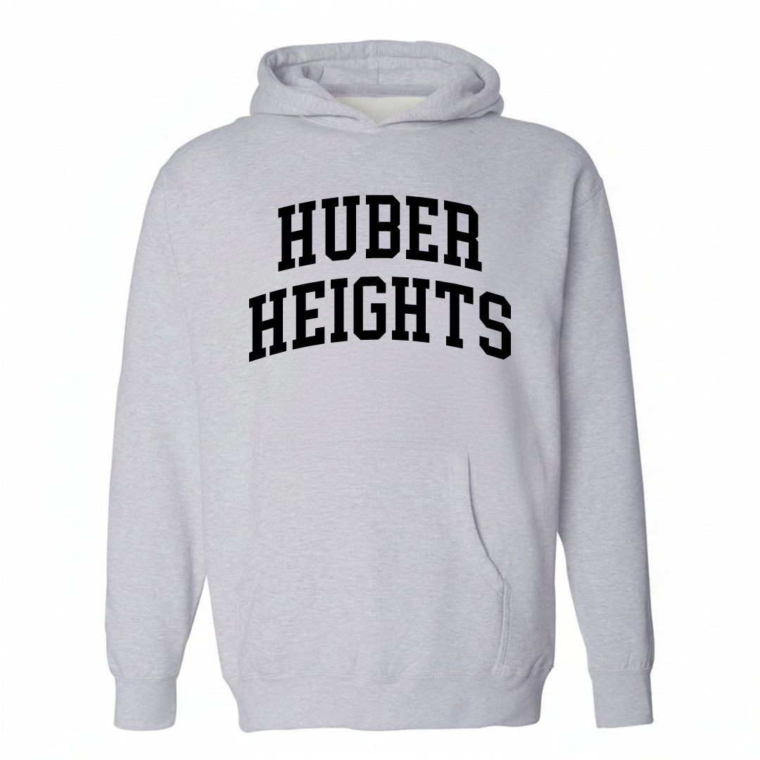 Heather-gray hoodie with the Huber Heights varsity arched lettering design on the chest.
