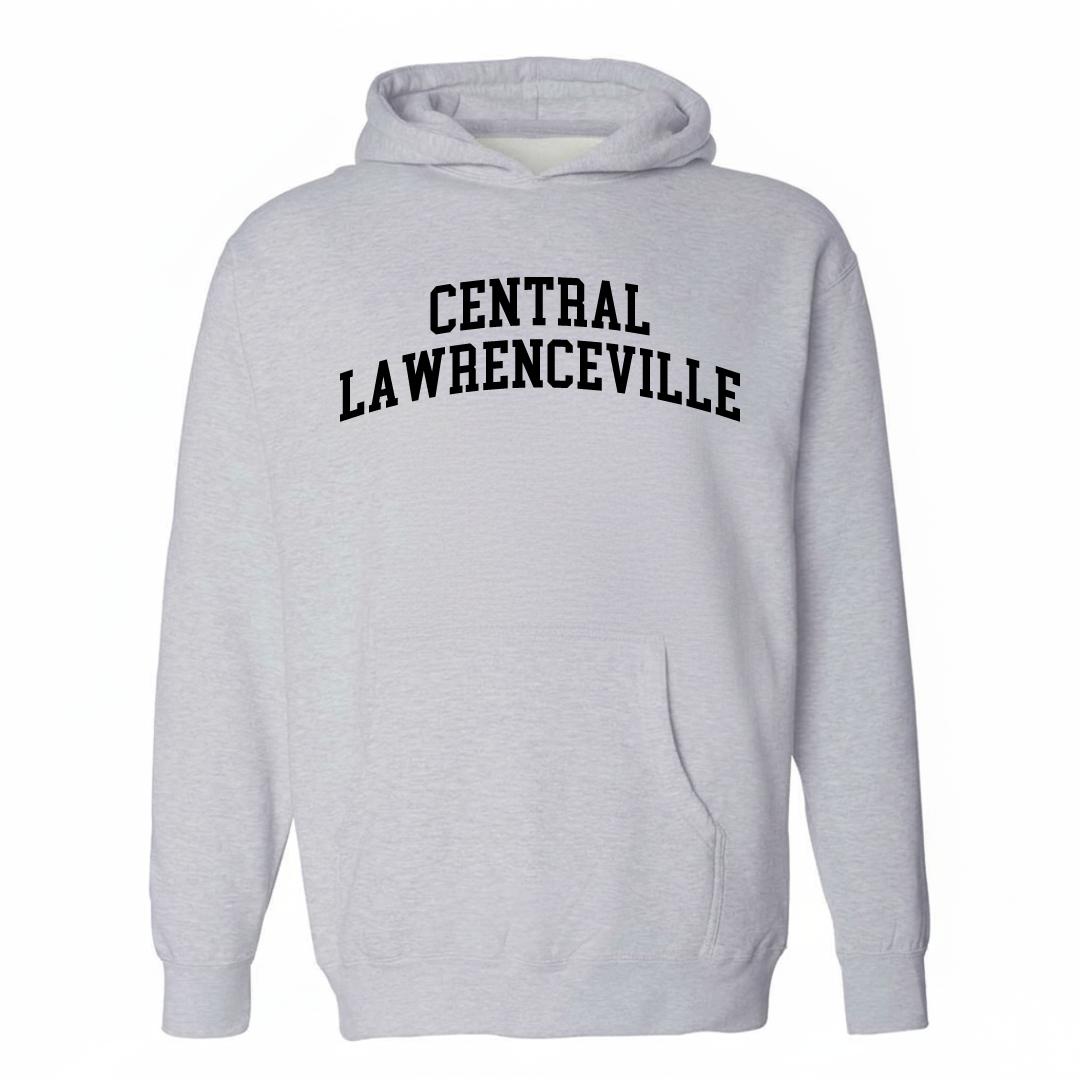 Heather-gray hoodie with the Central Lawrenceville arched varsity lettering design on the chest.