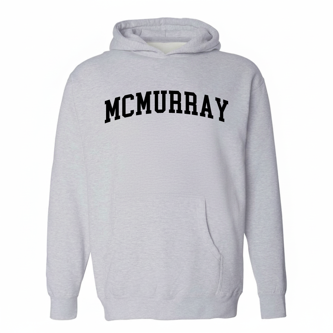 Heather-gray hoodie with the McMurray varsity arched lettering design on the chest.