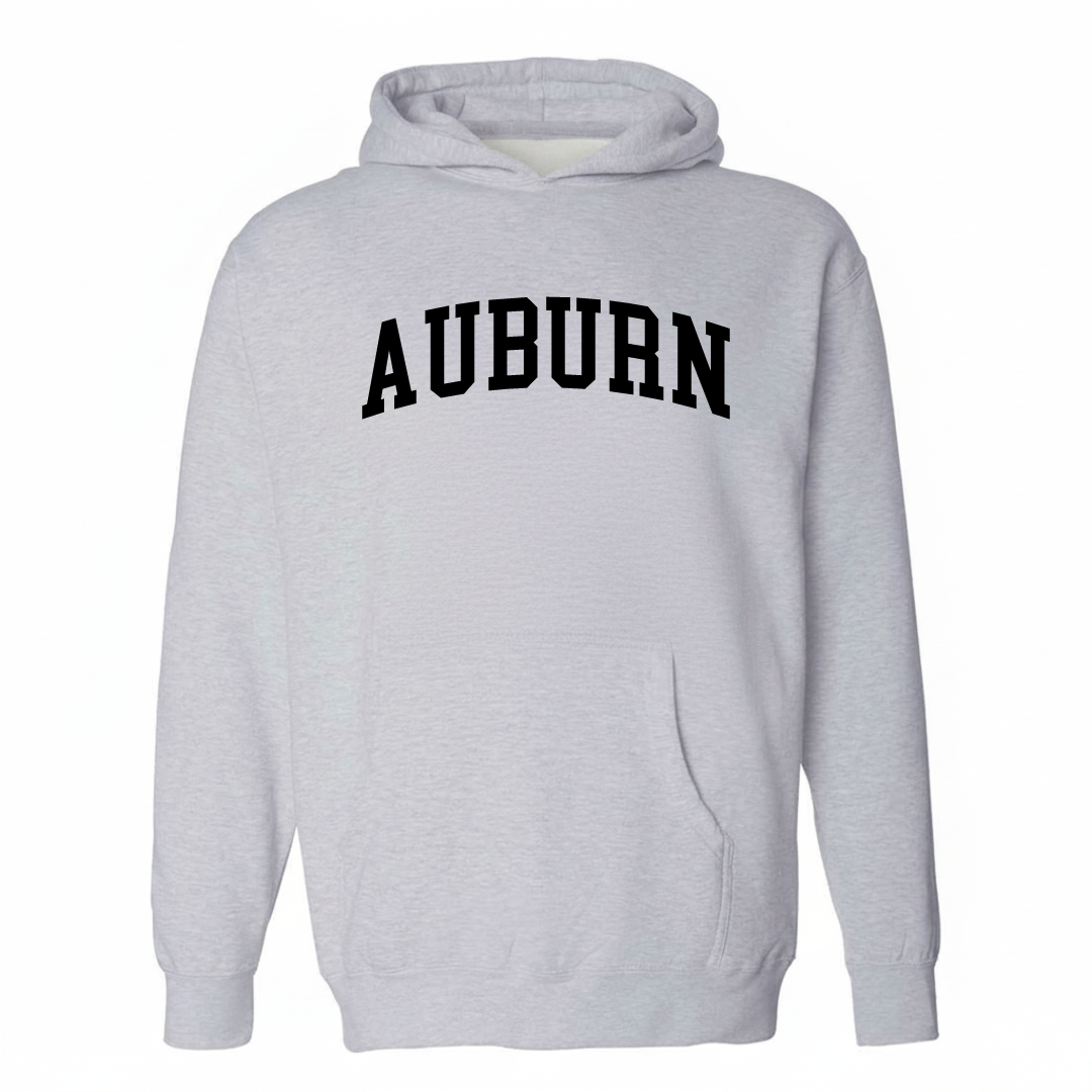Heather-gray hoodie with the Auburn, KY arched varsity lettering design on the chest.