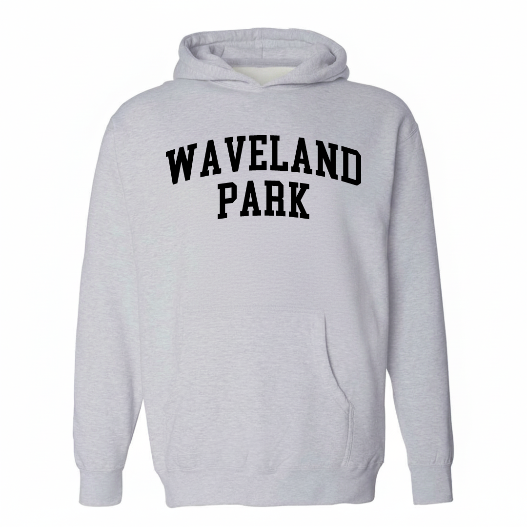 Heather-gray hoodie with the Waveland Park varsity arched lettering design on the chest.