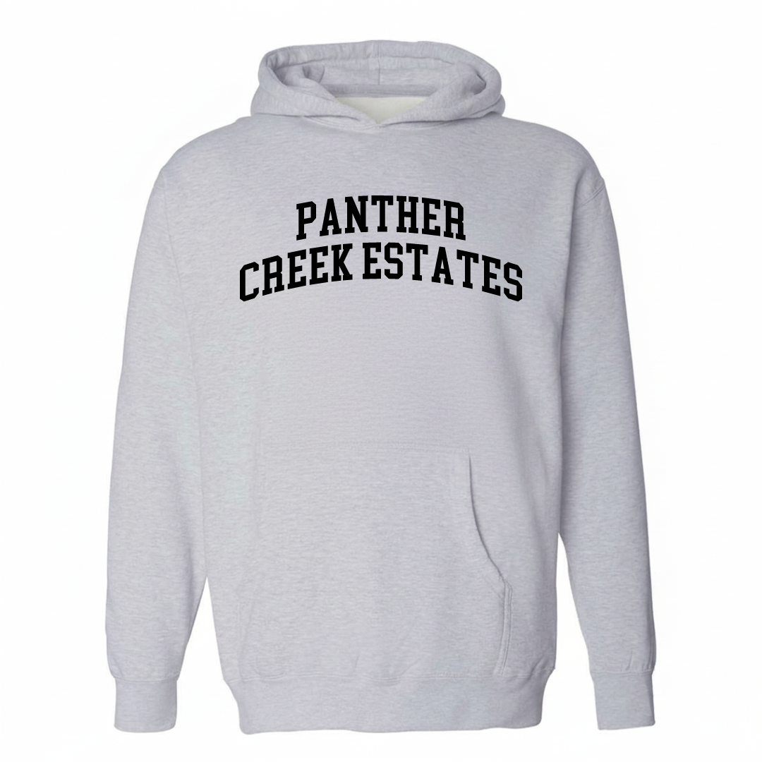 Heather-gray hoodie with the Panther Creek Estates varsity arched lettering design on the chest.